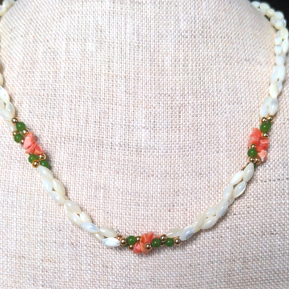 Vintage Mop Coral Jade Beaded Necklace Genuine Gemstones Gold 18 Dainty